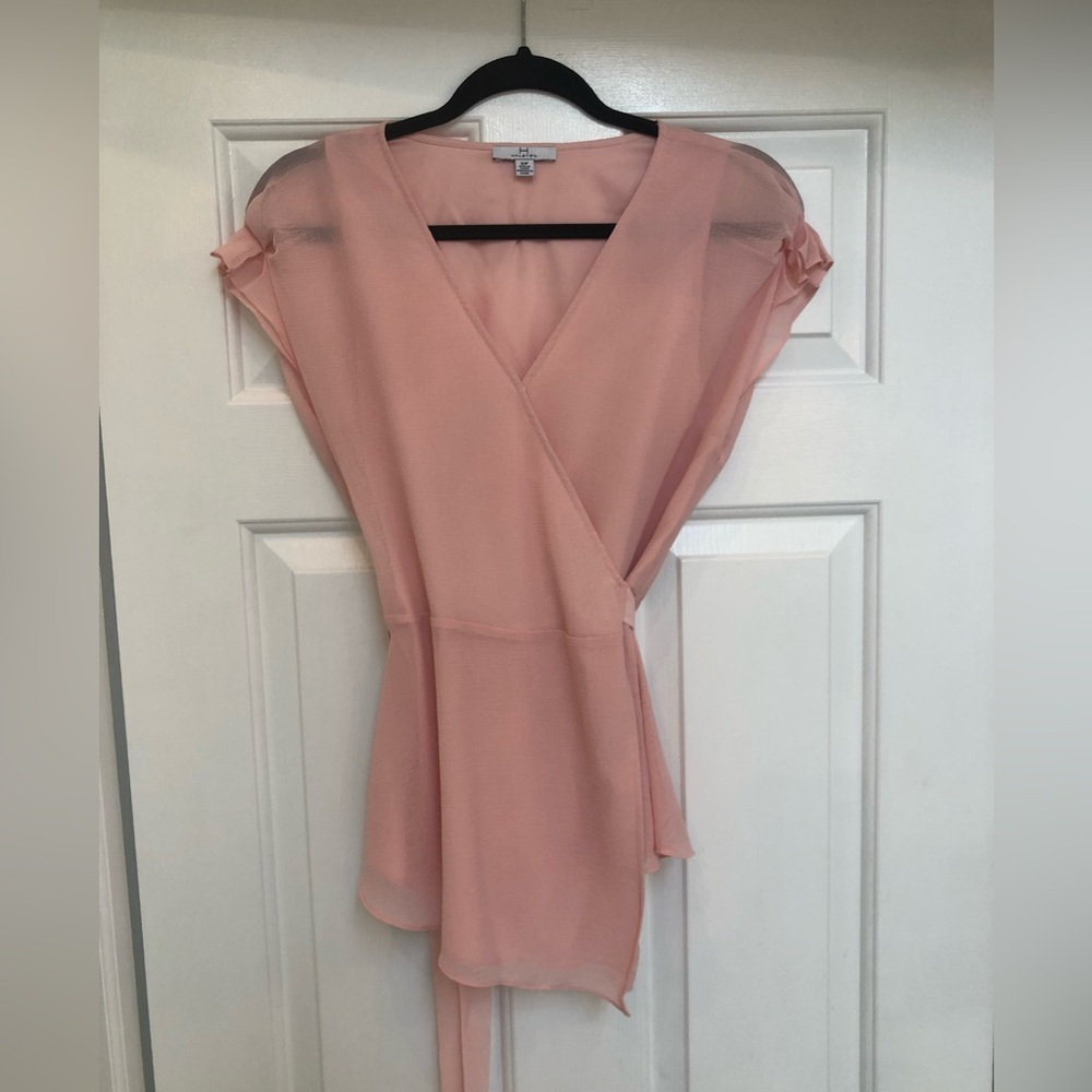 Halston Blush Pink Crepe Chiffon short sleeve wrap top Like New!! Sz Small